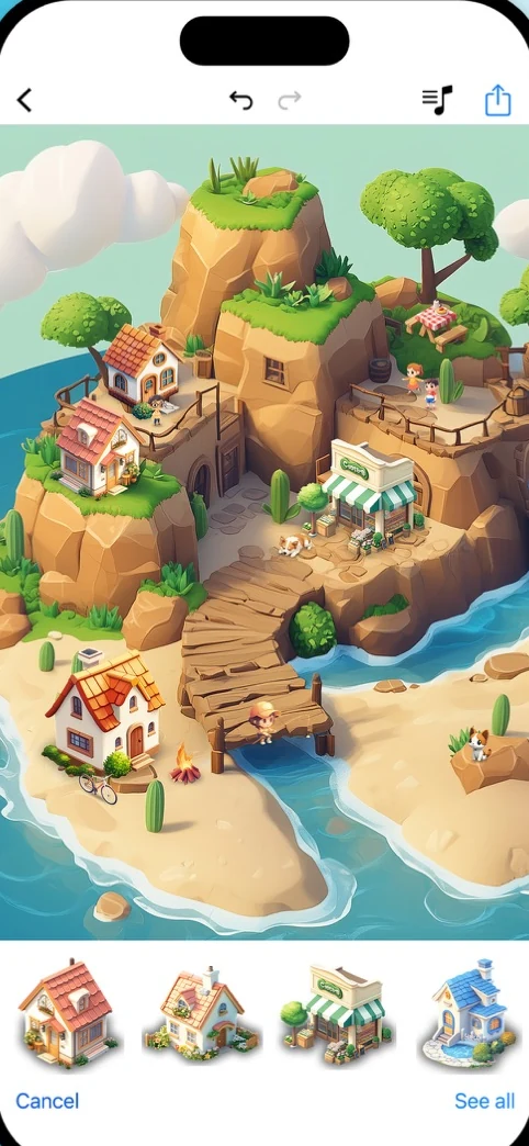 The Tiny Island editor: an isometric island with cottages, a shop, trees, a dog and a character, with a tray of buildings to place along the bottom