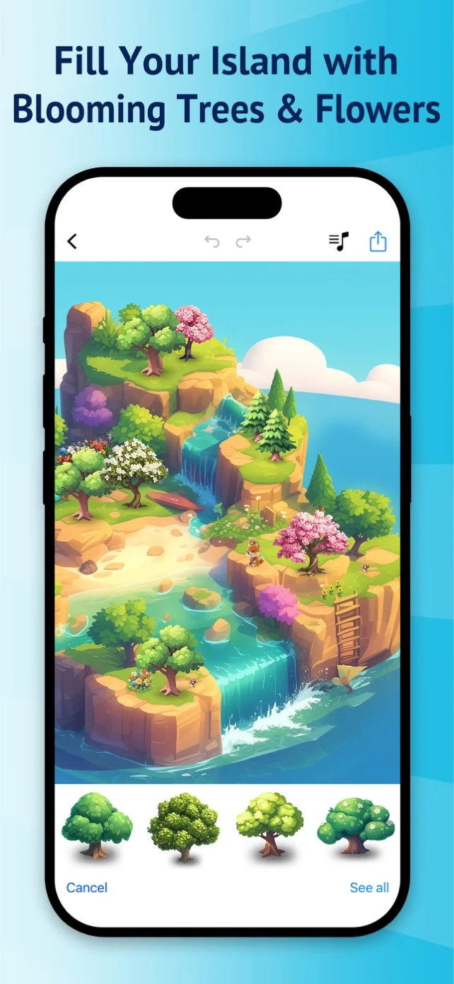 Island editor showing a lush landscape with flowering trees, pine trees, waterfalls, cliffs and a carousel of tree objects
